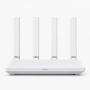 White Wi‑Fi router with four vertical antennas and mesh-pattern base