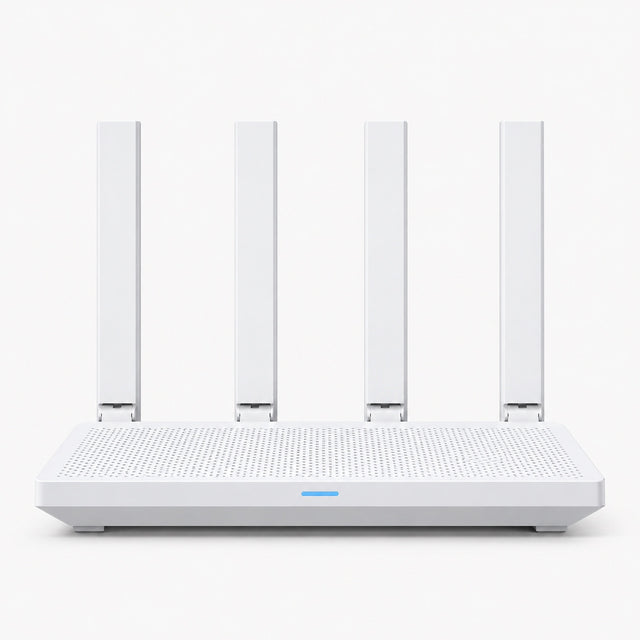 White Wi‑Fi router with four vertical antennas and mesh-pattern base