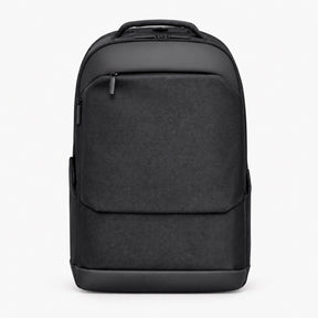 Black business backpack with top handle, front zip pocket, and padded back panel.