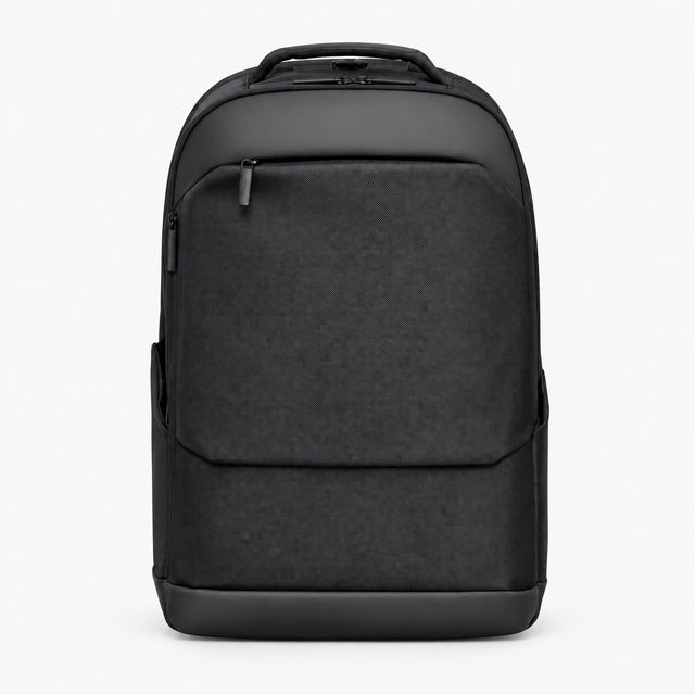 Black business backpack with top handle, front zip pocket, and padded back panel.