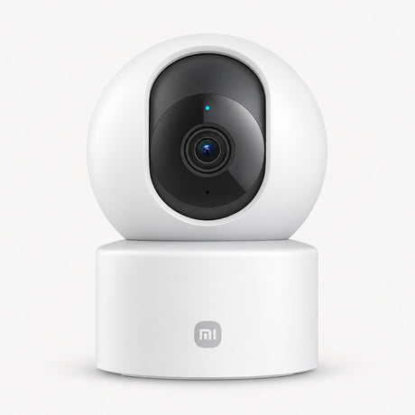 White indoor security camera with rotating lens on a round base