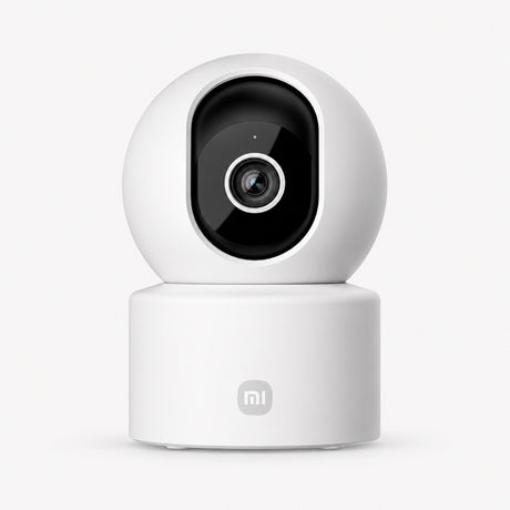 Indoor security camera with white dome body and black circular lens housing
