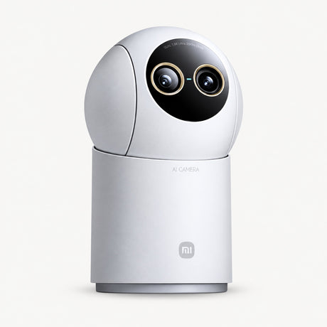 White smart security camera with dual black lenses and dome base, front view.