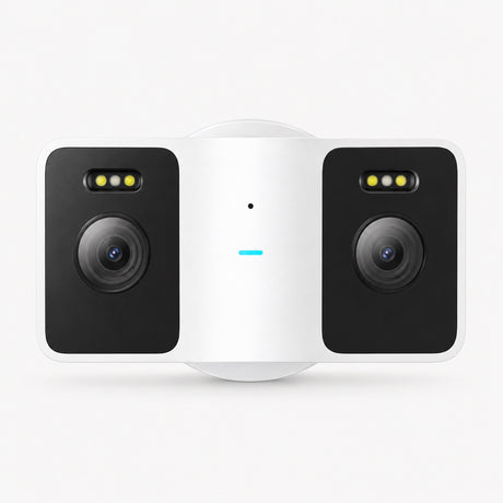 Outdoor dual-view security camera with two black lenses on white housing