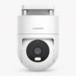Outdoor security camera with black dome lens in white housing, front view