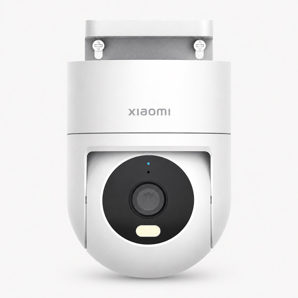 Outdoor security camera with black dome lens in white housing, front view