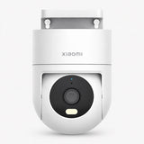 Outdoor security camera with black dome lens in white housing, front view
