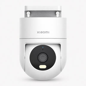 Outdoor security camera with black dome lens in white housing, front view