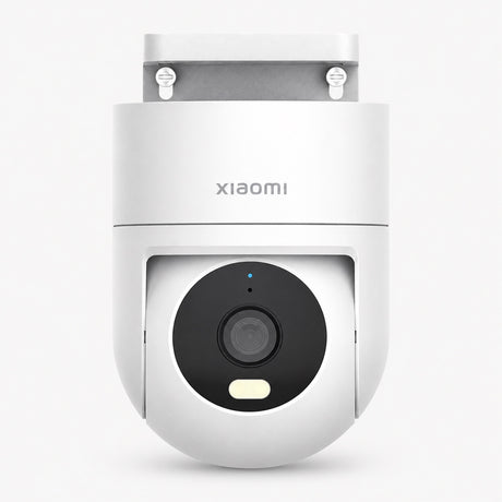 Outdoor security camera with black dome lens in white housing, front view