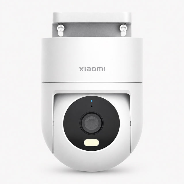 Outdoor security camera with black dome lens in white housing, front view