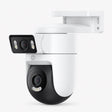Dual outdoor security camera with two black lens modules and white mount bracket