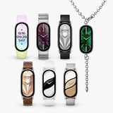 Xiaomi Smart Band 10 straps assortment: leather, metal, knit, and pearl-chain pendant.