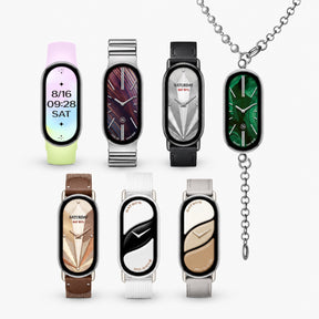 Xiaomi Smart Band 10 straps assortment: leather, metal, knit, and pearl-chain pendant.