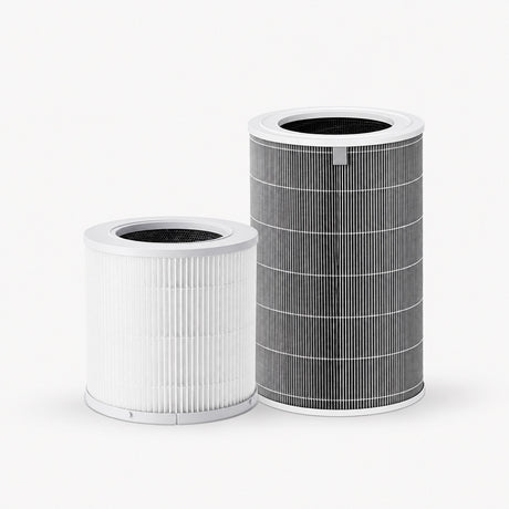 Air purifier filter cartridge pair, white and dark gray cylindrical design