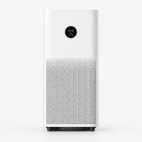 White air purifier with circular OLED display and front air intake grille.