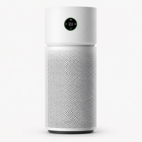 White smart air purifier with circular top display and perforated sides
