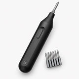 Black cordless electric screwdriver with metal bit set and on-button controls