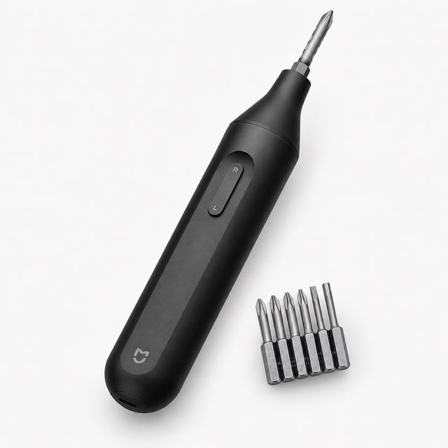 Black cordless electric screwdriver with metal bit set and on-button controls
