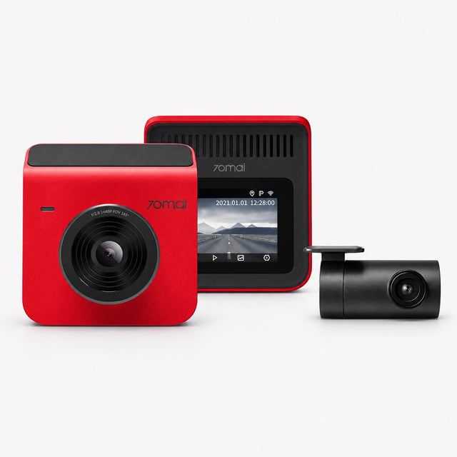 Dual-channel dash cam set with red front camera and black rear camera, paired.