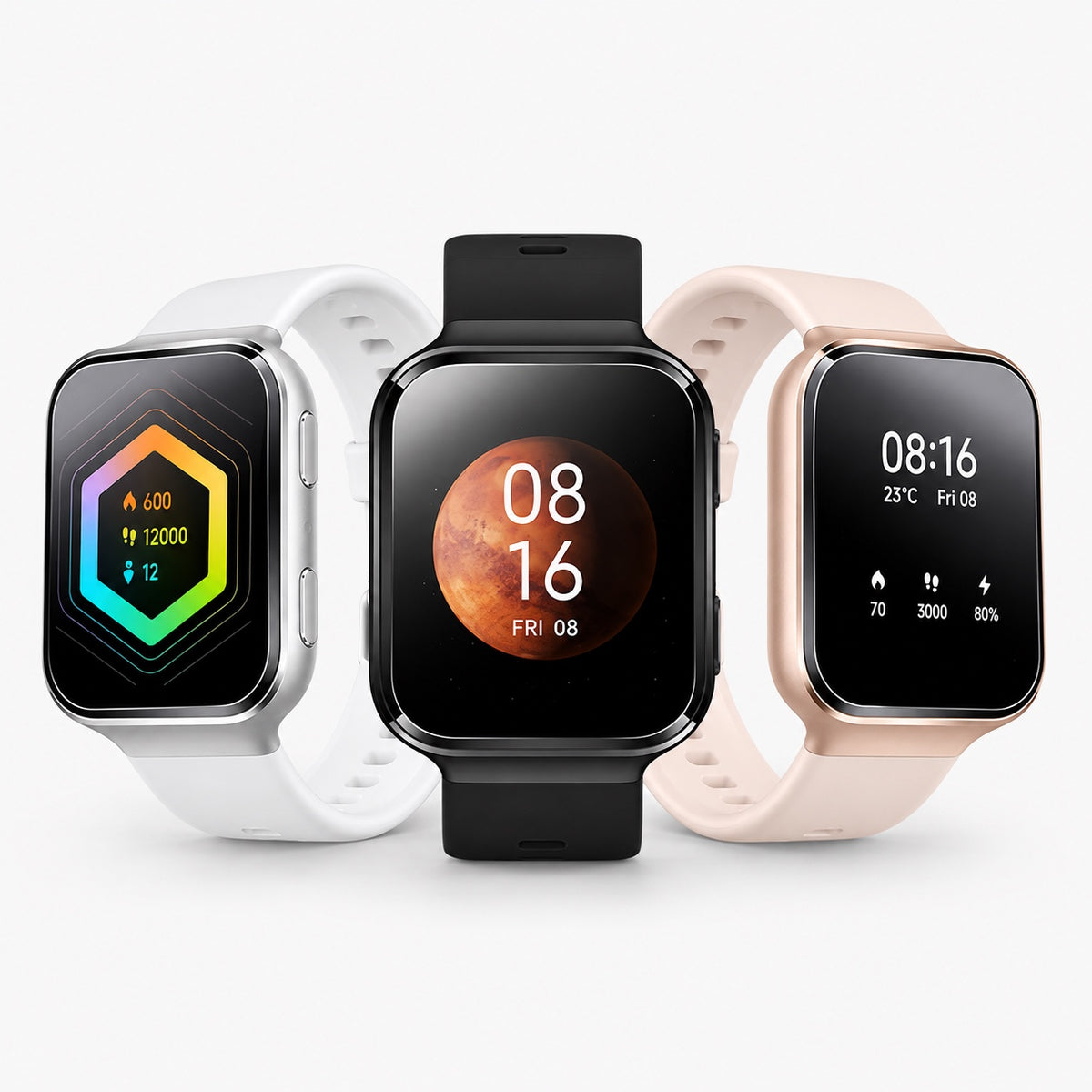 Set of three square smartwatches with touchscreen displays and silicone bands