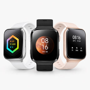 Set of three square smartwatches with touchscreen displays and silicone bands