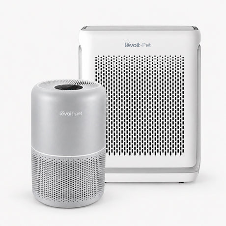 White Levoit pet air purifier with perforated intake grille and top control panel