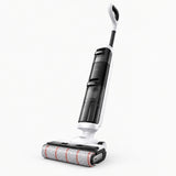 Wet and dry vacuum cleaner with upright handle and spinning roller floor brush.