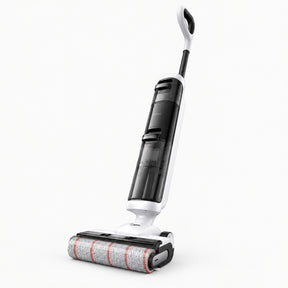 Wet and dry vacuum cleaner with upright handle and spinning roller floor brush.