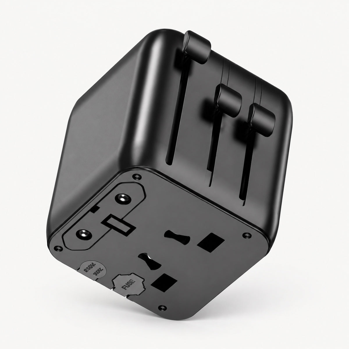 Black universal travel power adapter with multi-plug outlets and adjustable pins