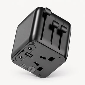 Black universal travel power adapter with multi-plug outlets and adjustable pins