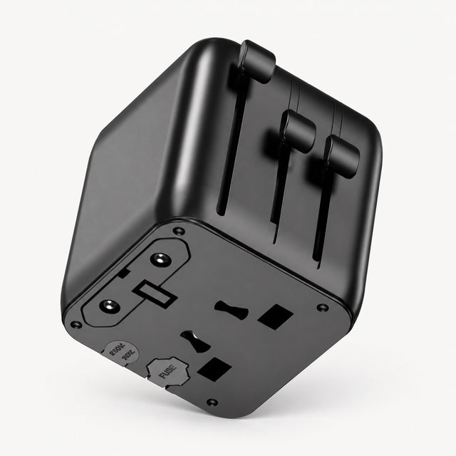 Black universal travel power adapter with multi-plug outlets and adjustable pins