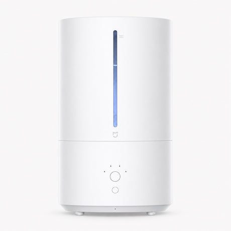 White smart humidifier with vertical blue indicator and two round control buttons.