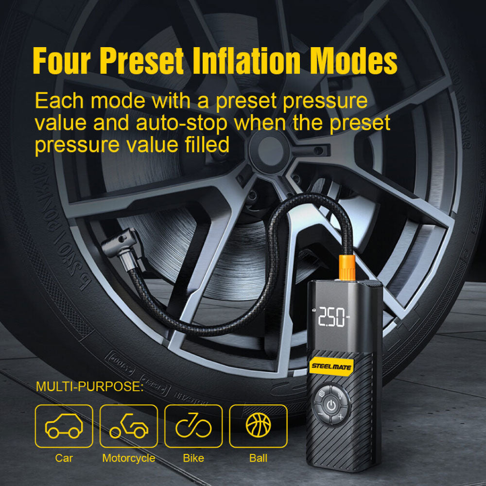 Steelmate Portable Mini Tire Inflator/Air Pump PO7 | 4 in 1 with LED Display 铁将军