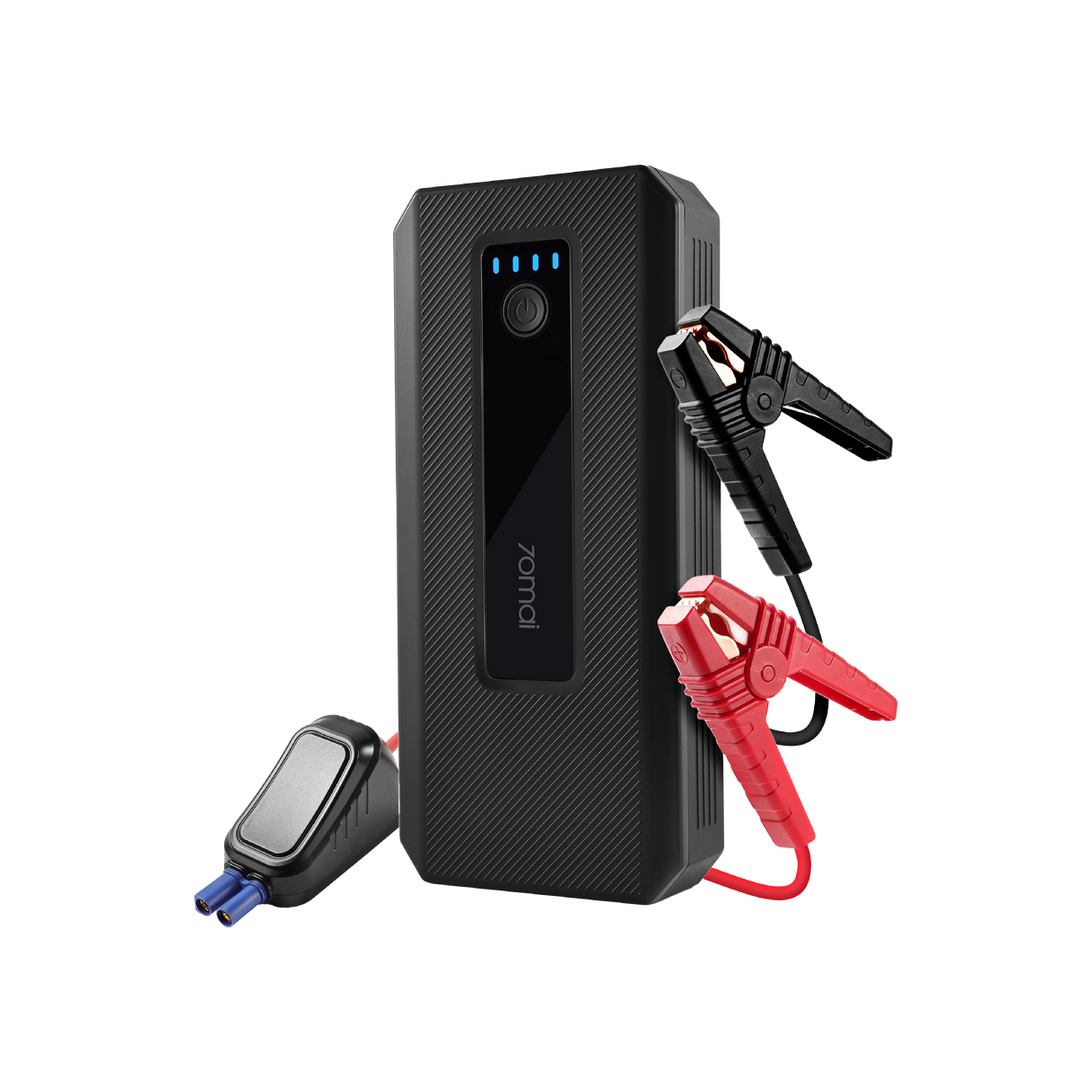 Black 70mai jump starter unit with blue LED screen and red/black battery clamps