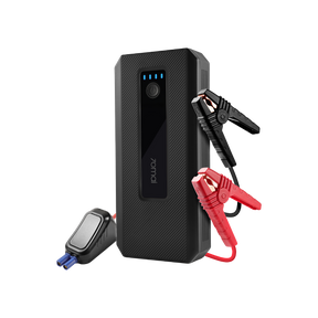 Black 70mai jump starter unit with blue LED screen and red/black battery clamps