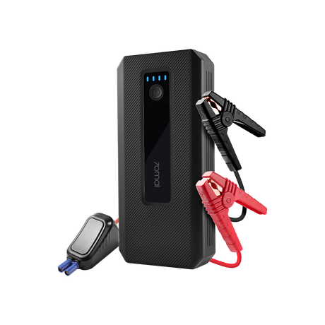 Black 70mai jump starter unit with blue LED screen and red/black battery clamps