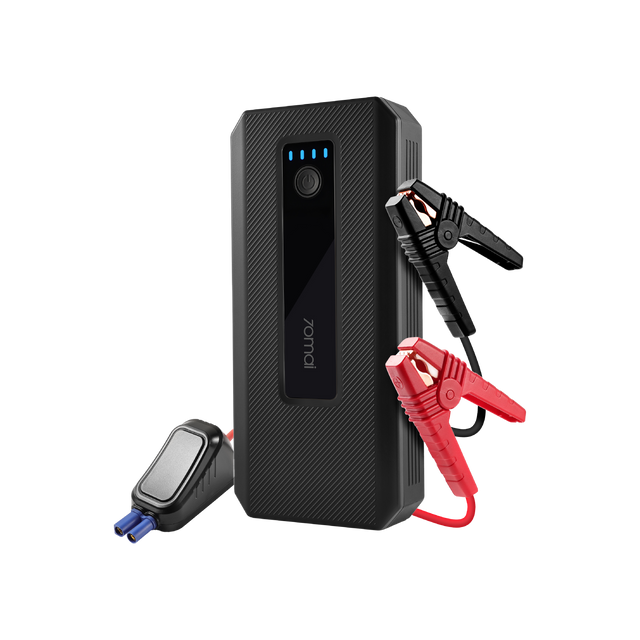 Black 70mai jump starter unit with blue LED screen and red/black battery clamps