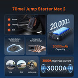 Compact 70mai jump starter with LED display and side charging ports, shown with capacity