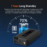 Black 70mai jump starter power unit with blue LED indicator and front flashlight button