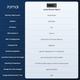 Jump Starter Max 2 specification sheet with starting current, capacity, and charging details