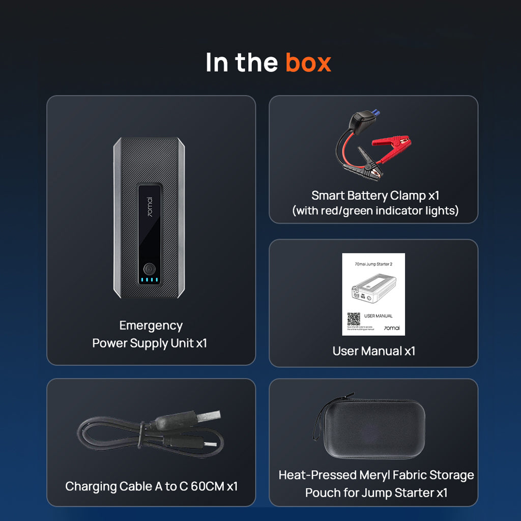 In-box contents for 70mai jump starter: power unit, clamps, charging cable, pouch, manual