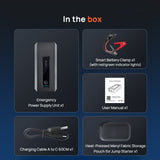 In-box contents for 70mai jump starter: power unit, clamps, charging cable, pouch, manual