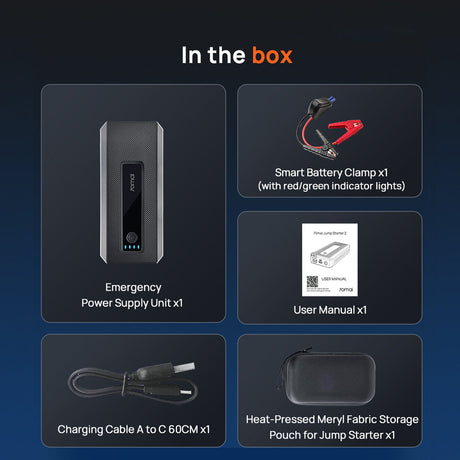In-box contents for 70mai jump starter: power unit, clamps, charging cable, pouch, manual