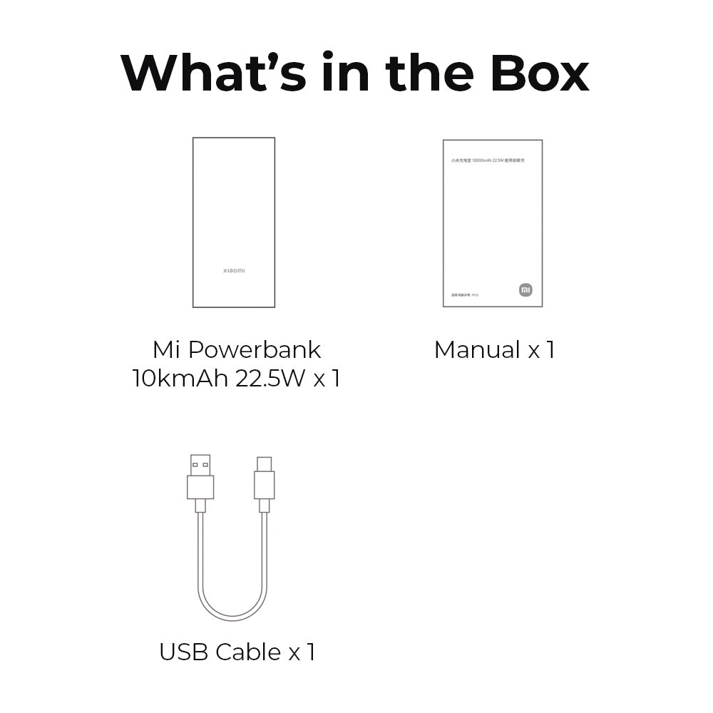 Xiaomi Mi Power Bank 3 box contents: power bank, manual, USB cable