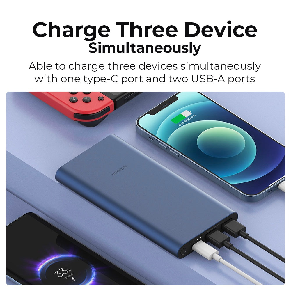 Xiaomi Mi Power Bank 3 charging three devices using USB-A and USB-C ports