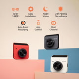 Dual-channel dash cam set with red front camera and black rear camera, compact layout.