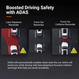 ADAS safety feature graphic with lane and collision reminder icons