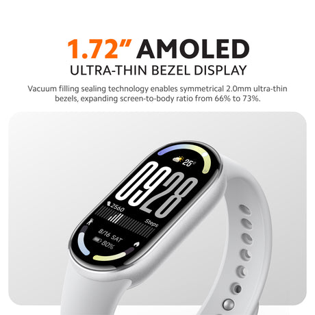 Fitness tracker with light gray strap and AMOLED-style colorful display on rounded bezel