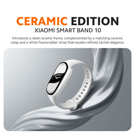 Ceramic-style fitness tracker with white strap and side clasp, showing device screen