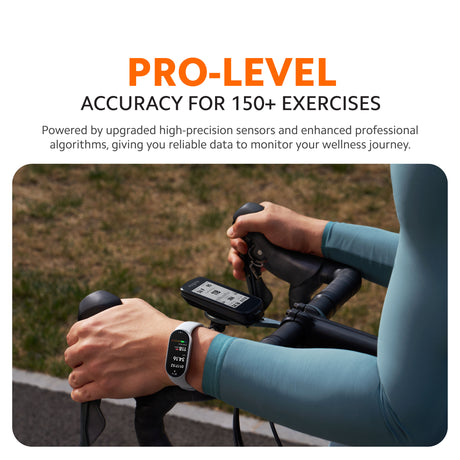 Smart band on wrist with digital display and dark strap